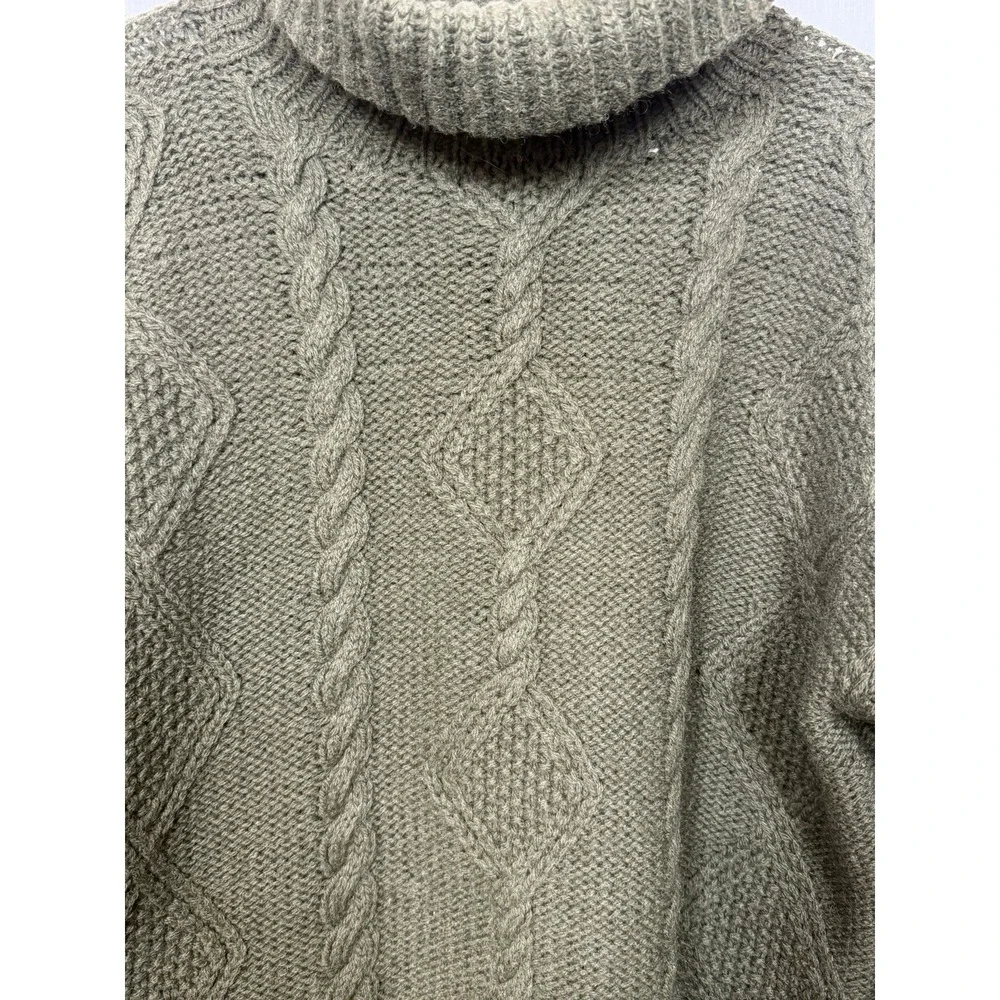 VTG Hand Knit Shetland Wool Cable Knit Turtleneck Sweater Womens M‎ Green Chunky
